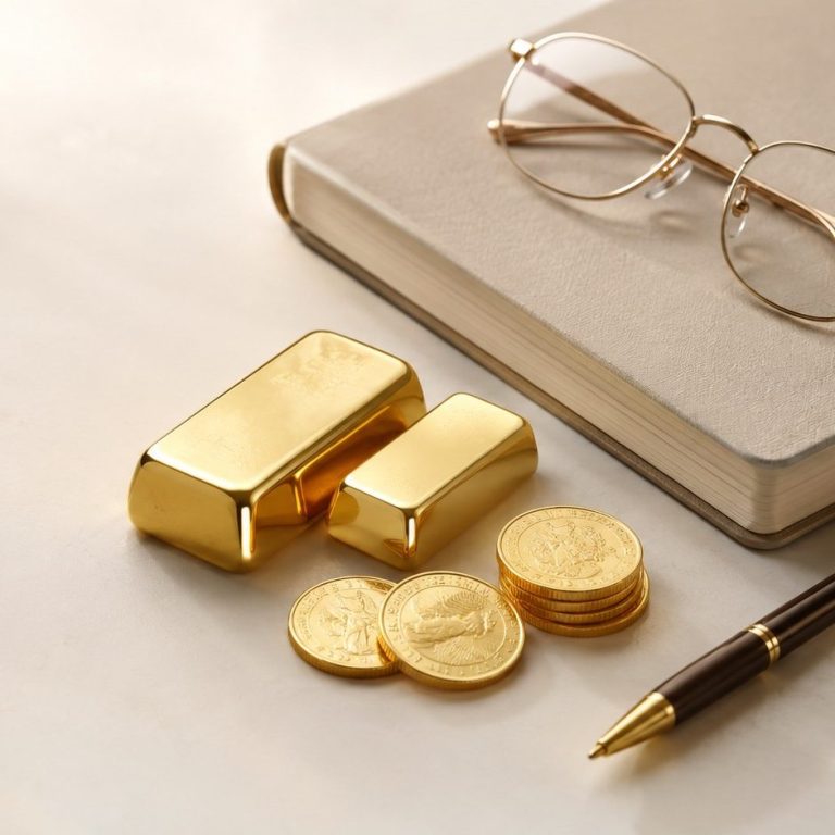 Goldbarren und Notizbuch als Symbol für Gold mit Preisvorteil